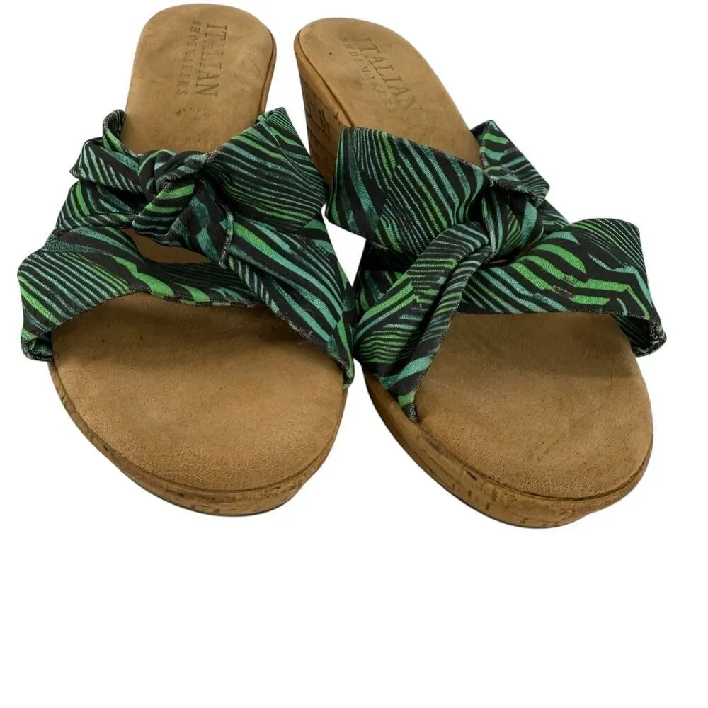 Italian Shoemakers Wedge Sandals Size 8.5 Green Tropical Lightweight Beach Open